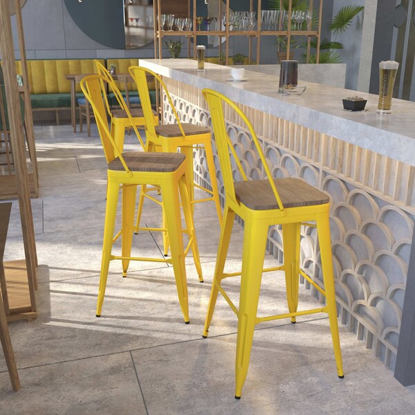Flash Furniture Yellow Metal Barstool with Back and Wood Seat, 30" High, PK4 4-CH-31320-30GB-YL-WD-GG - main